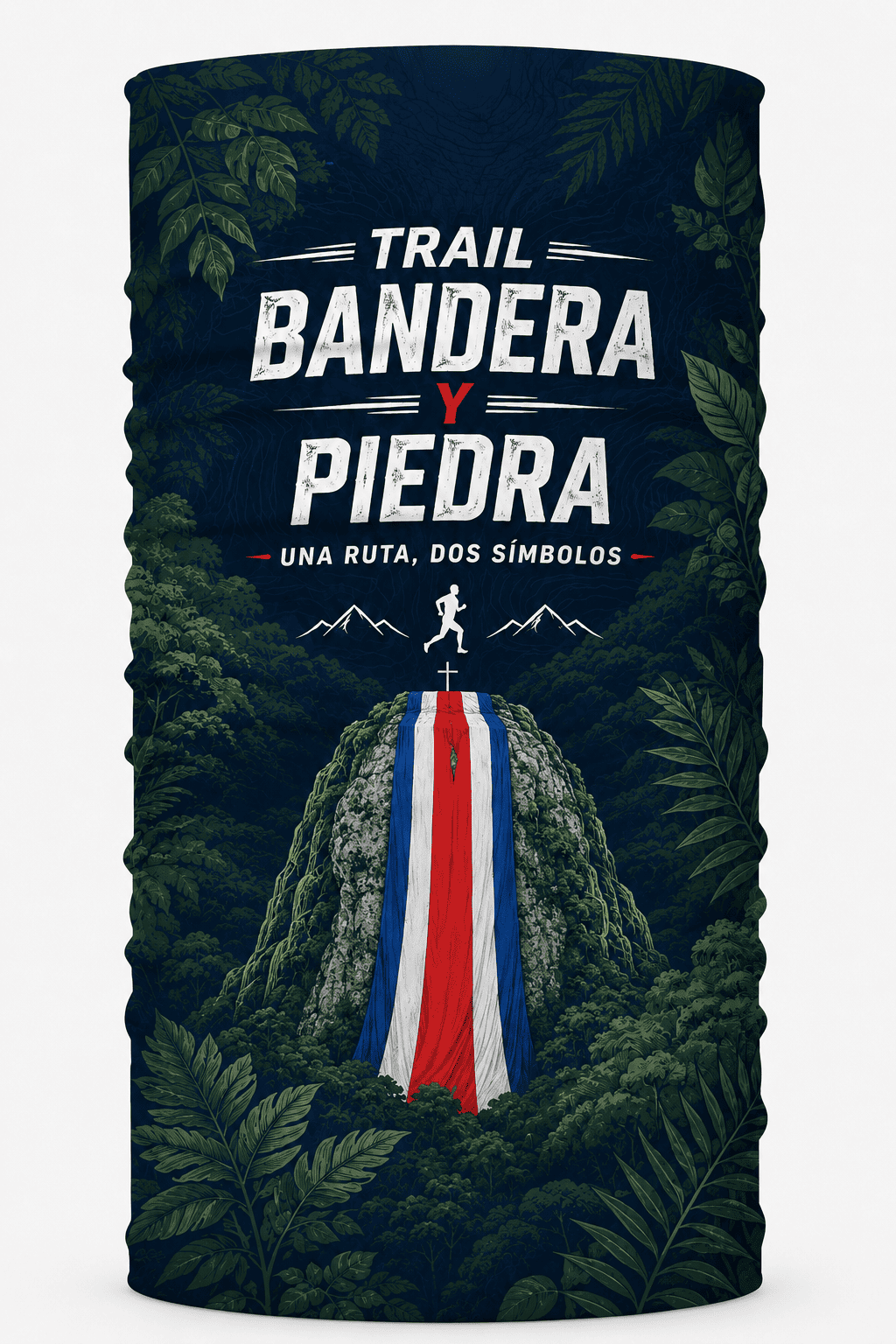 Diseño oficial Trail Bandera y Piedra con bosque, montaña y cinta tricolor